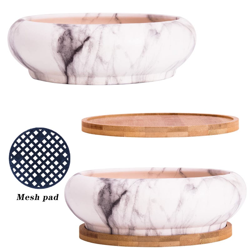 ARTKETTY Succulent Pots - Large Succulent Planters with Drainage Ceramic Bonsai Planter with Tray, Shallow Planters for Indoor Flower Plants Marble Cactus Planter Bowl - Image 4